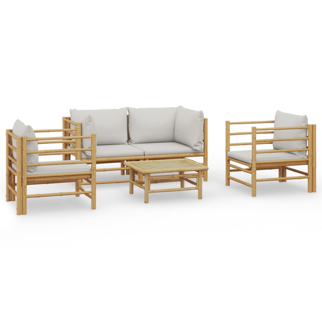 Bamboe loungeset 5-delig - 2 losse stoelen - Lichtgrijs kussens