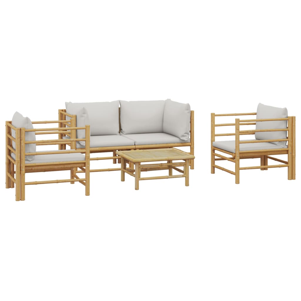 Bamboe loungeset 5-delig - 2 losse stoelen - Lichtgrijs kussens