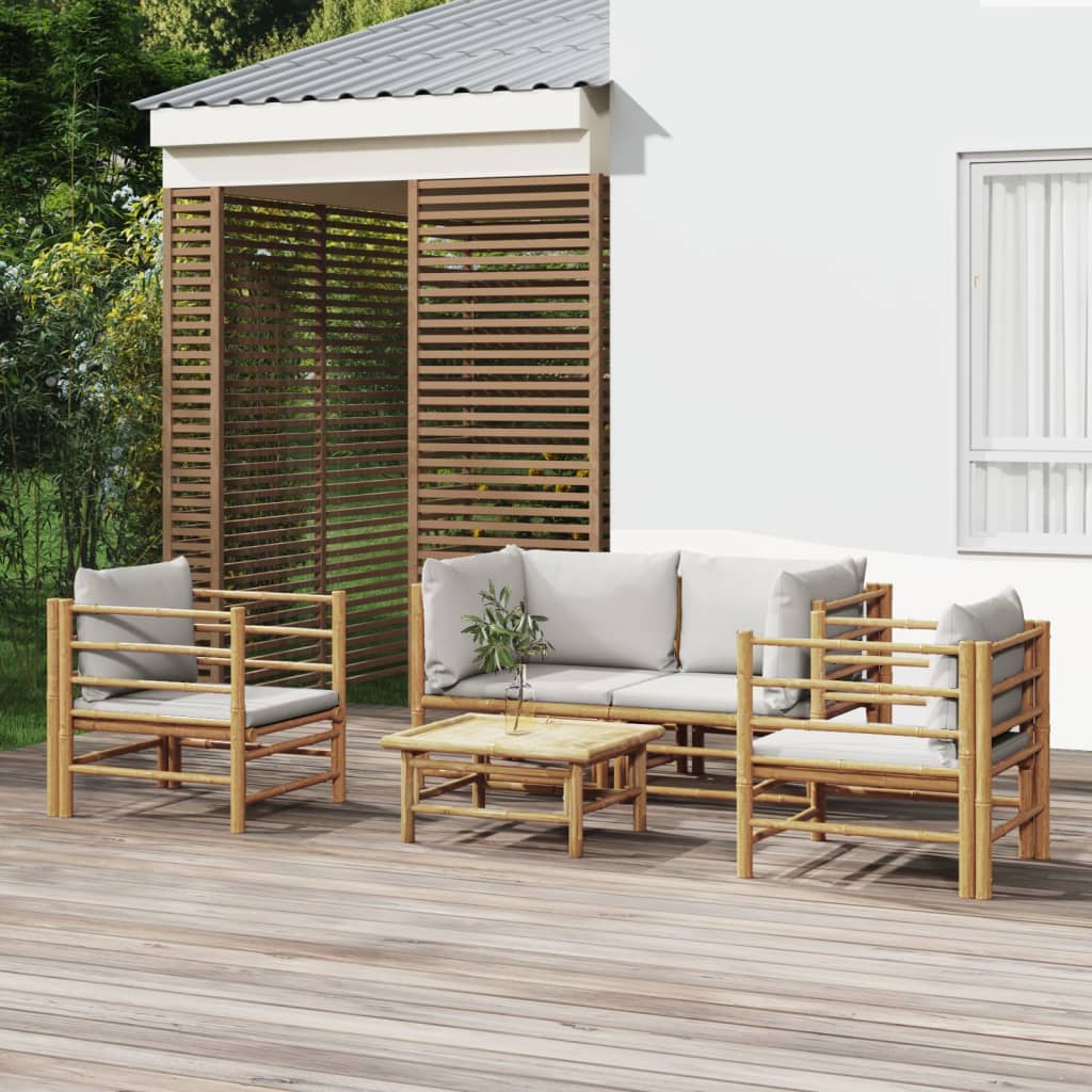 Bamboe loungeset 5-delig - 2 losse stoelen - Lichtgrijs kussens
