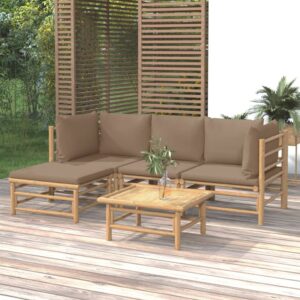 Bamboe loungeset 5-delig - Met voetenbank + tafel - Taupe kussens