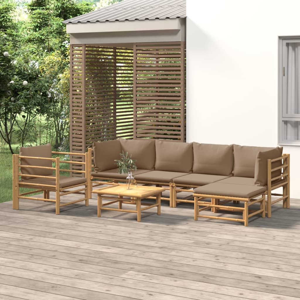 Bamboe loungeset 7-delig – Met losse stoel – Taupe kussens