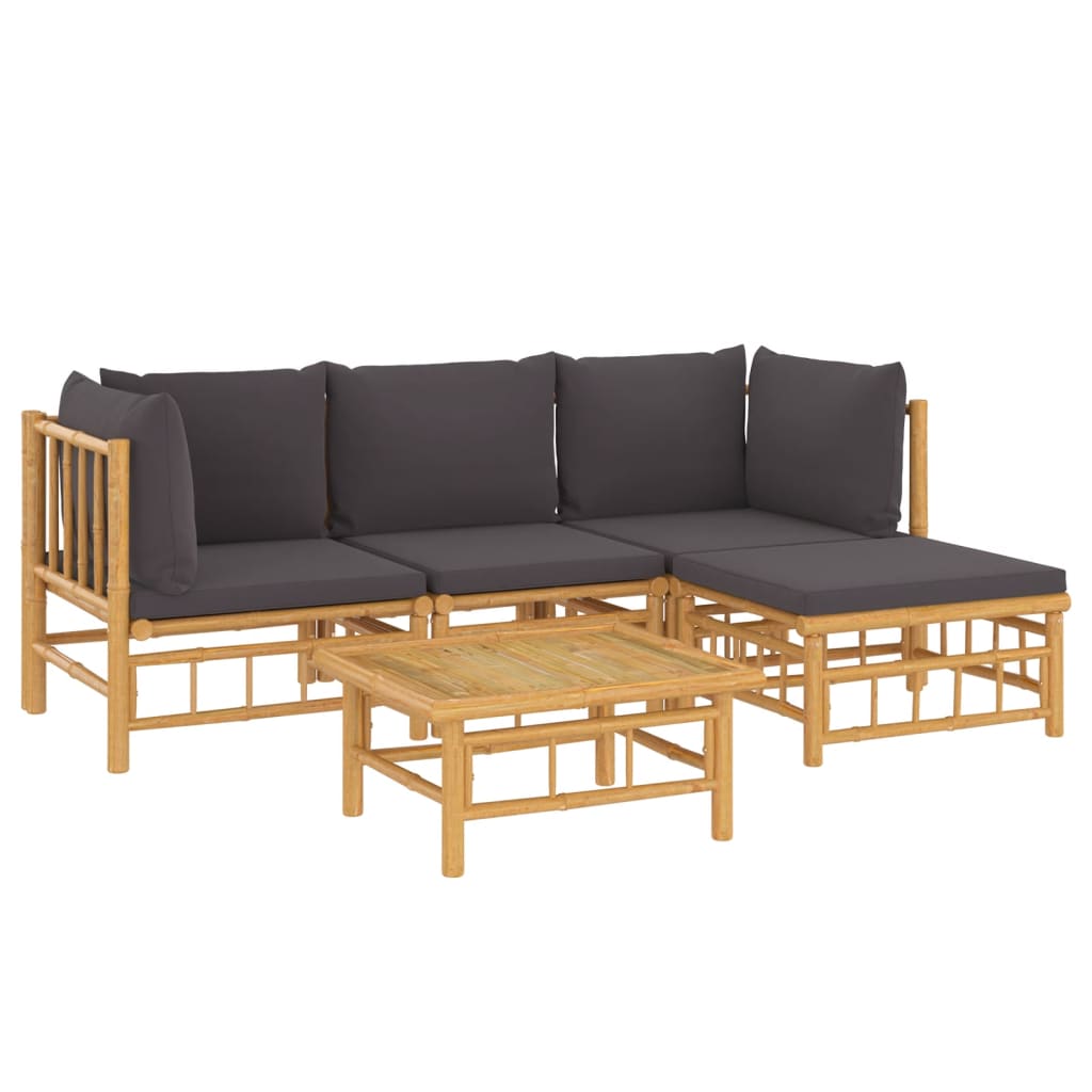 Bamboe loungeset 5-delig - Met voetenbank + tafel - Donkergrijze kussens