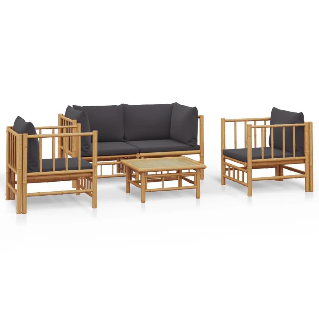 Bamboe loungeset 5-delig - 2 losse stoelen - Donkergrijze kussens