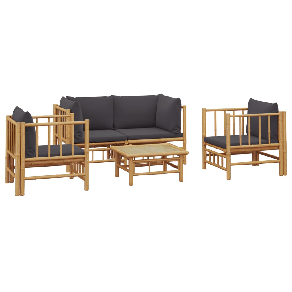 Bamboe loungeset 5-delig - 2 losse stoelen - Donkergrijze kussens