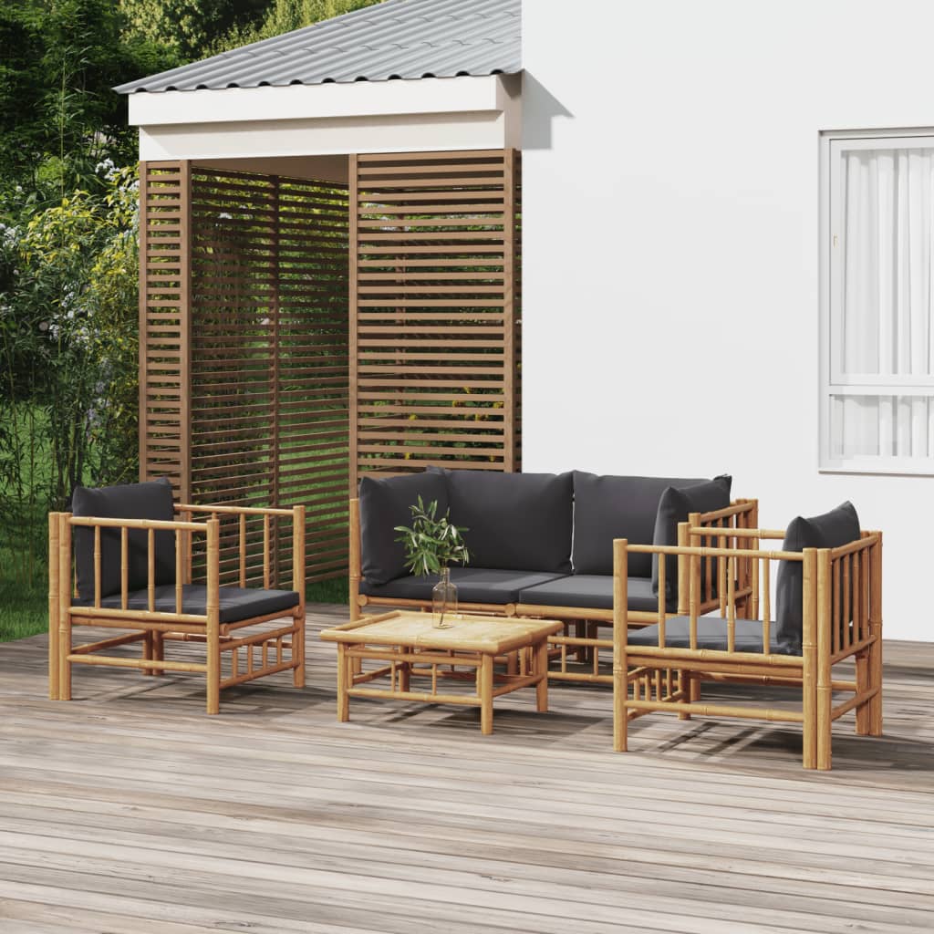 Bamboe loungeset 5-delig - 2 losse stoelen - Donkergrijze kussens