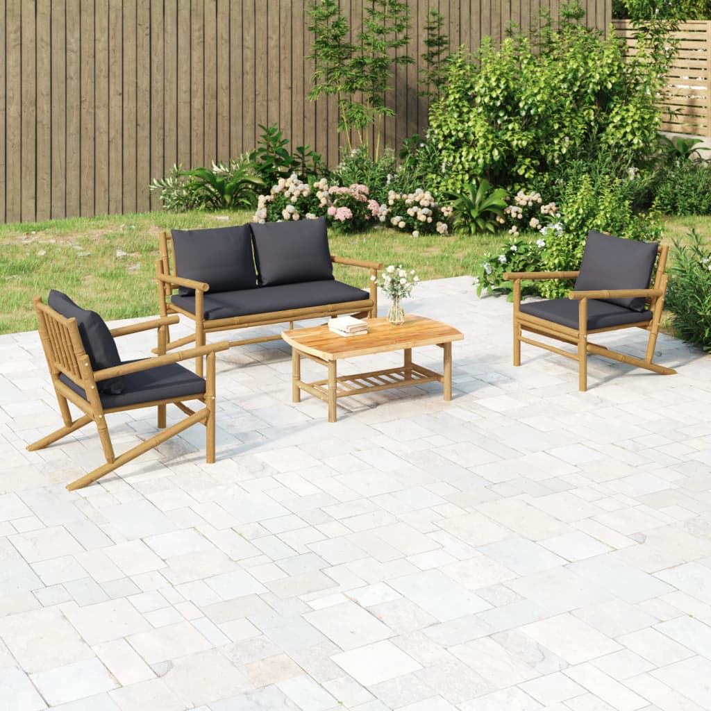Bamboe loungeset 4-delig – 2x stoel met arm + bank – Donkergrijze kussens