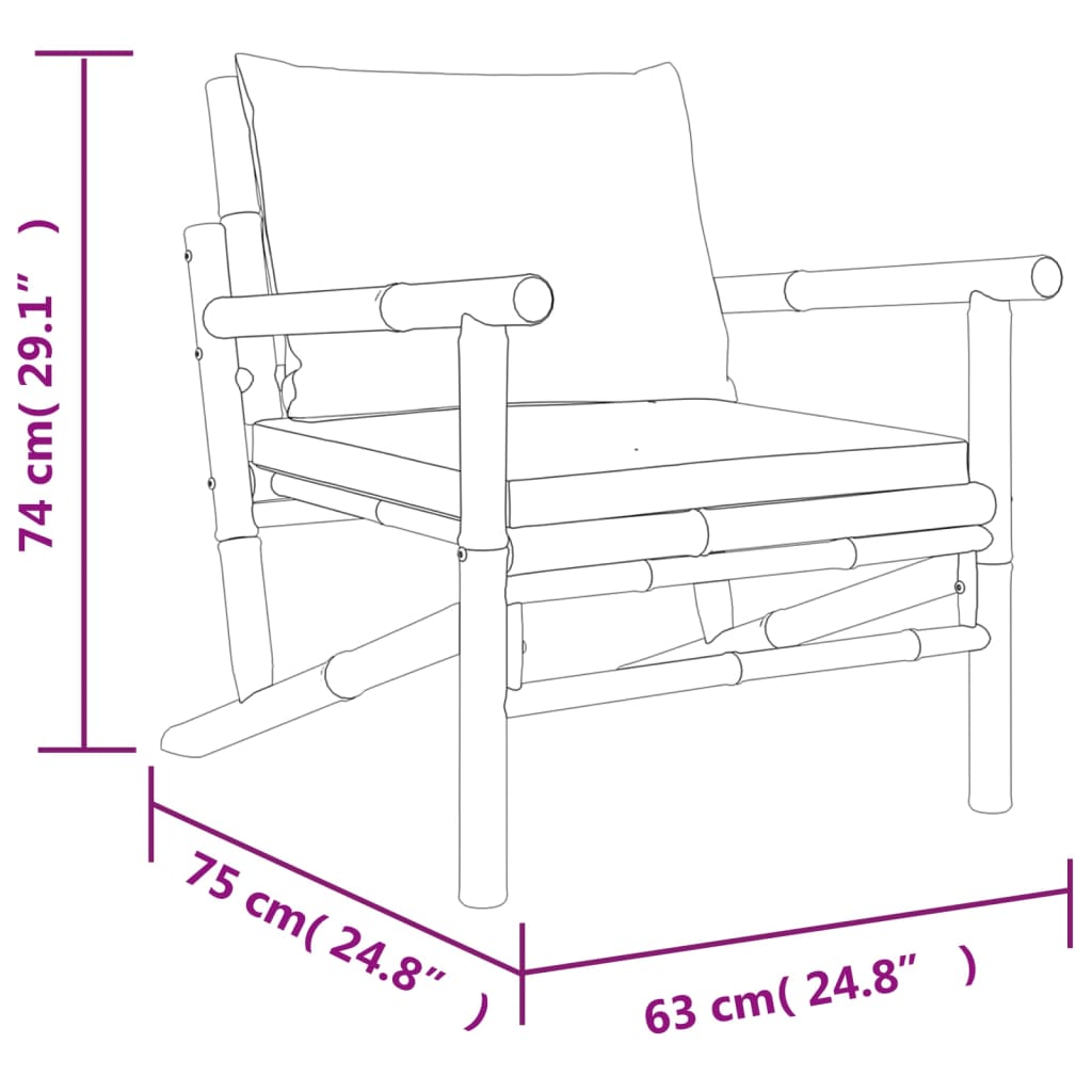Bamboe loungeset 5-delig – 2x stoel met arm + 2x bank – Donkergrijze kussens