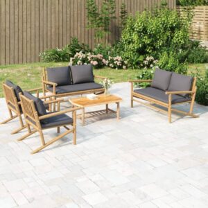 Bamboe loungeset 5-delig – 2x stoel met arm + 2x bank – Donkergrijze kussens